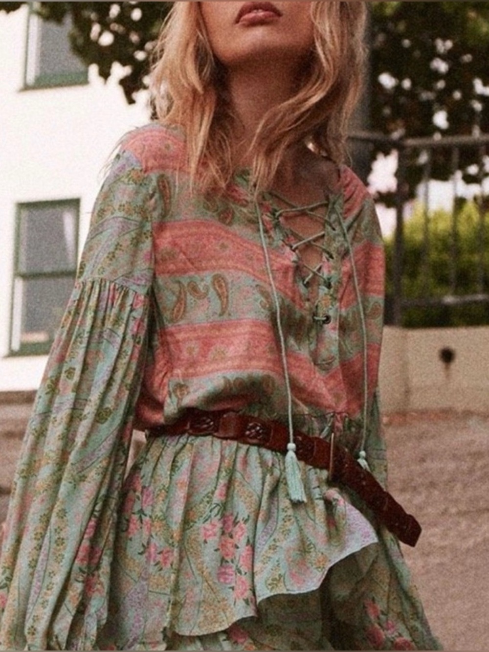 SPELL Long Sleeve Lace-Up City Lights Boho Blouse, NEW
